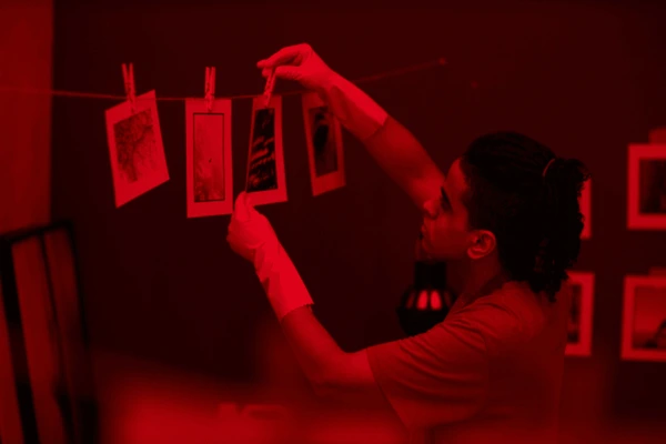 Photographer hanging printed images in a darkroom